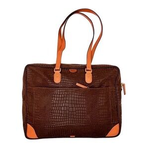 Bric's My Safari Cargo Duffle Travel Tote Brown Croc-Embossed Leather Trim Italy